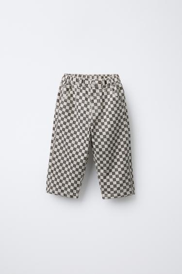 CHECKERBOARD TWILL BAGGY TROUSERS - Ecru / Brown by Zara - Image 0