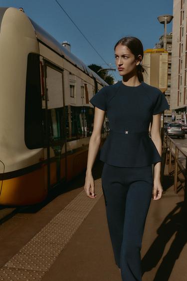 STRAIGHT KNIT TROUSERS - Navy blue by Zara