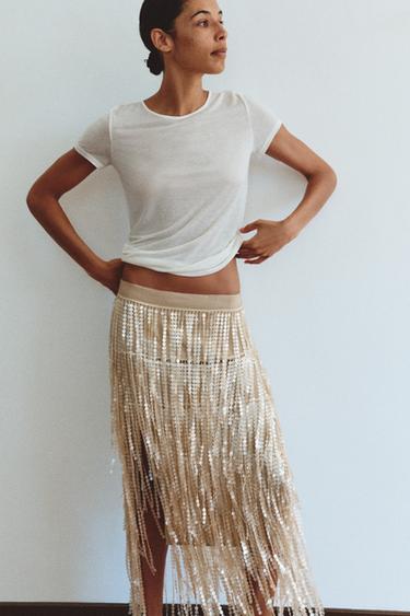 SEQUIN FRINGE MIDI SKIRT - Ecru by Zara