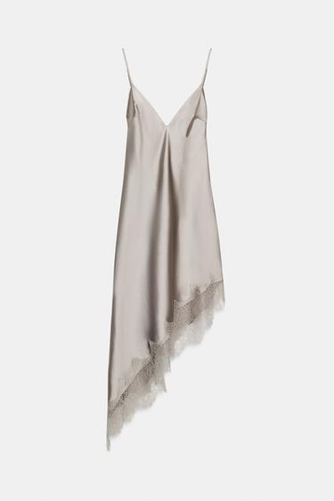 ASYMMETRIC SATIN LACE DRESS - Dark beige by Zara