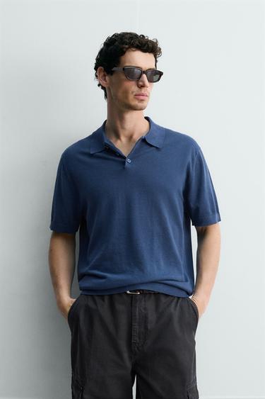 HEMP-COTTON KNIT POLO SHIRT - Navy blue by Zara