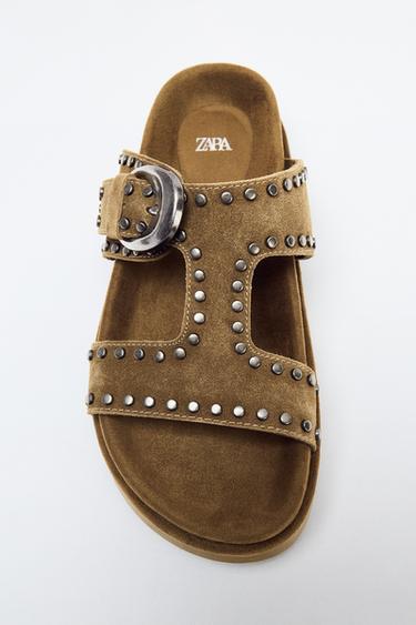 STUDDED SPLIT SUEDE PLATFORM SANDALS - Khaki Green by Zara