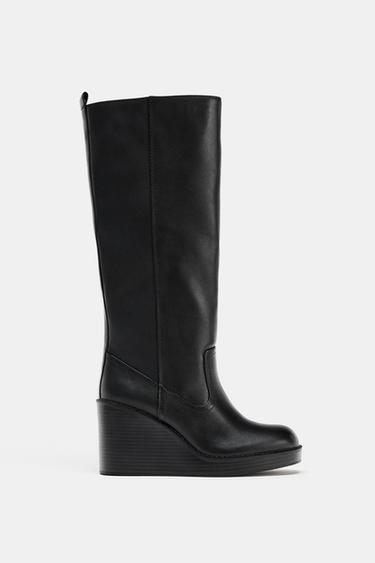 LEATHER WATER-REPELLENT WEDGE BOOTS - Black by Zara