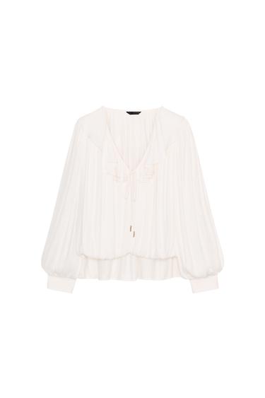 SATIN BLOUSE WITH RUFFLES AND SHOULDER PADS - Ecru by Zara