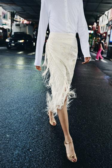100% LINEN EMBROIDERED MIDI SKIRT ZW COLLECTION - Ecru by Zara