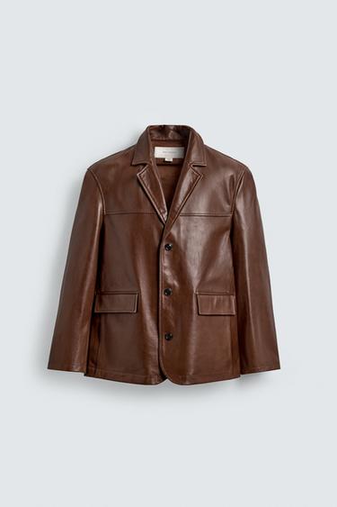 RELAXED FIT LEATHER BLAZER - Brown by Zara