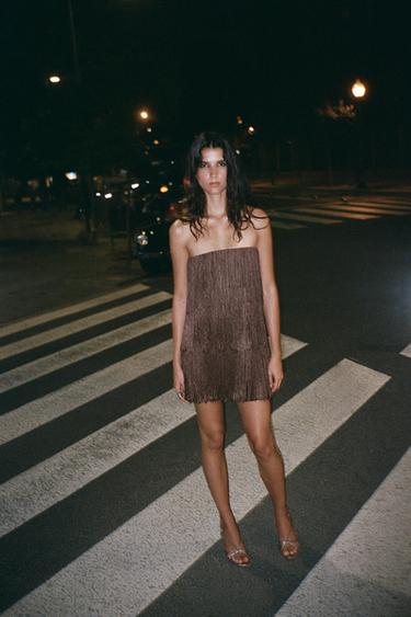 FRINGED STRAPLESS DRESS - Beige-pink by Zara