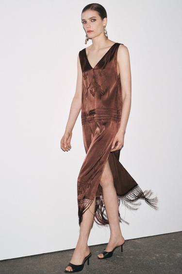 EMBROIDERED FRINGED DRESS ZW COLLECTION - Brown by Zara - Image 0