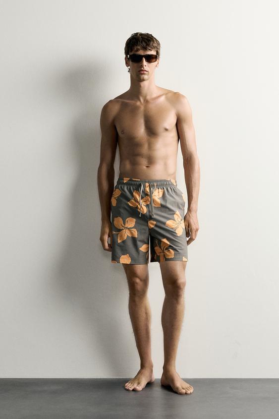 FLORAL PRINT LONG SWIMMING TRUNKS - Brown by Zara - Image 0