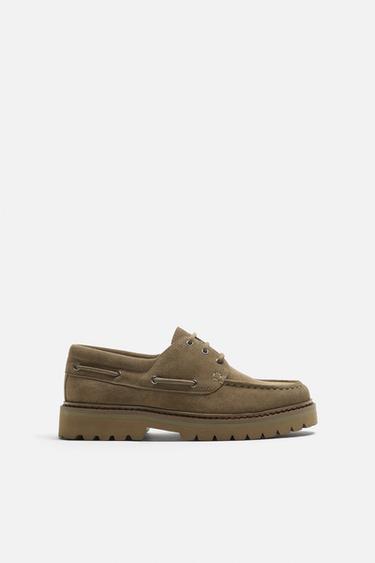 LEATHER DECK SHOES - Khaki Green by Zara - Image 0