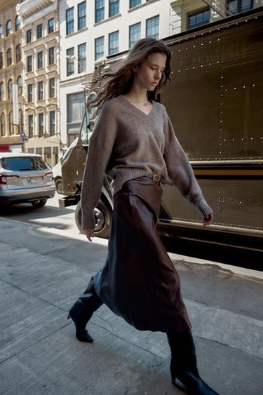 FAUX LEATHER MIDI SKIRT WITH BELT - Burgundy by Zara
