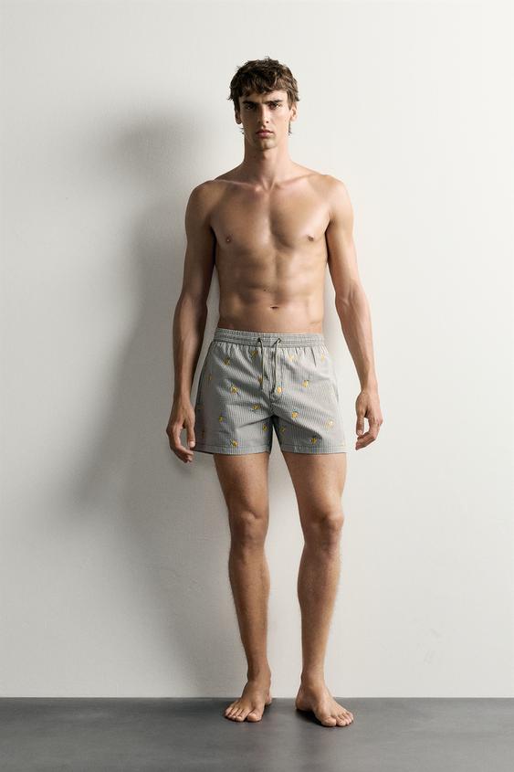 EMBROIDERED SEERSUCKER SWIM SHORTS - Khaki by Zara - Image 0