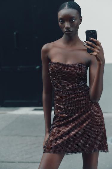 RED STRAPLESS SEQUIN DRESS - Aubergine by Zara