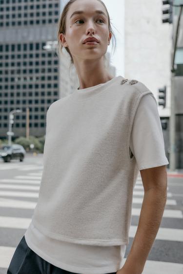 TOP WITH JEWEL DETAIL - Beige by Zara