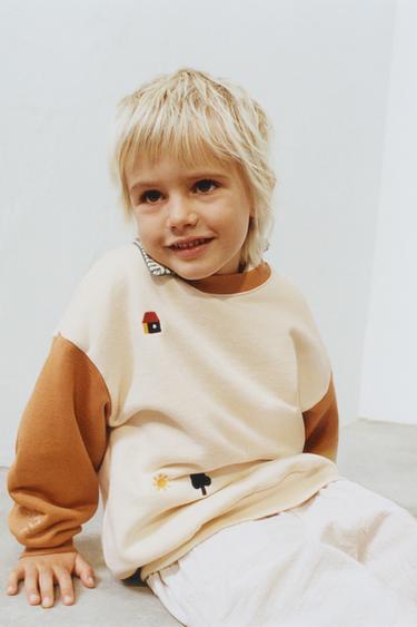 COLOUR BLOCK EMBROIDERED SWEATSHIRT - Ecru / Brown by Zara