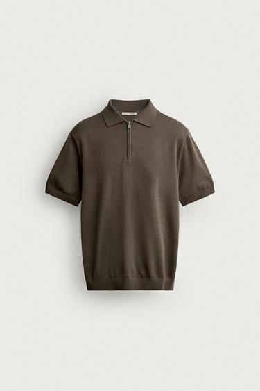 REGULAR FIT KNIT ZIP POLO SHIRT - Taupe grey by Zara