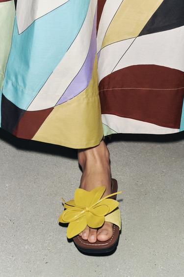 LEATHER FLOWER SANDALS - Lime Green by Zara - Image 0