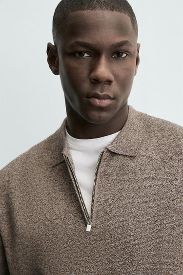 KNIT POLO SHIRT WITH ZIP - brown/white by Zara