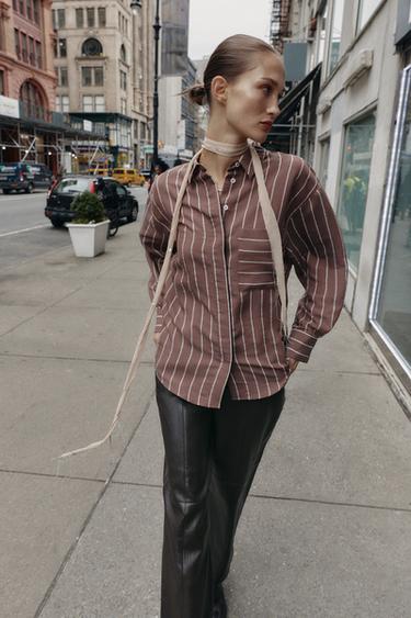 STRIPED SHIRT WITH POCKET - Brown / Ecru by Zara