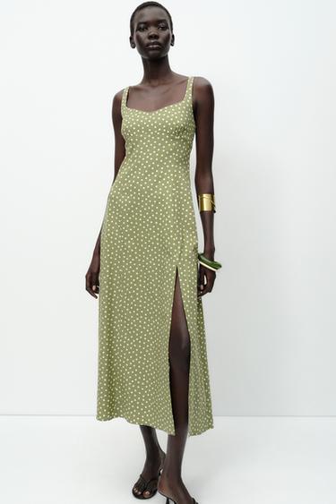 POLKA DOT LINEN BLEND MIDI DRESS - ecru/khaki by Zara - Image 0