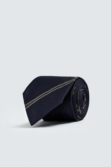 100% SILK STRIPED TIE - Navy blue by Zara