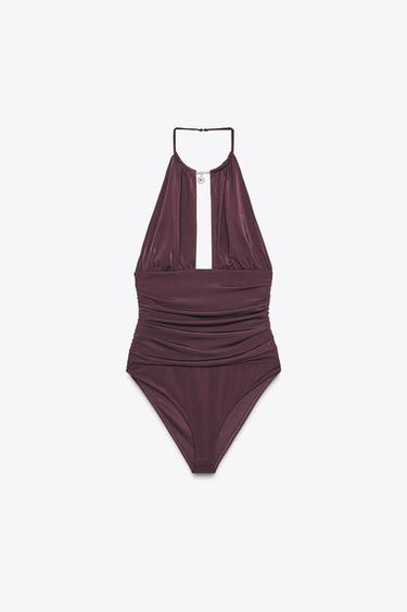 JEWEL DRAPED HALTERNECK BODYSUIT - Burgundy by Zara