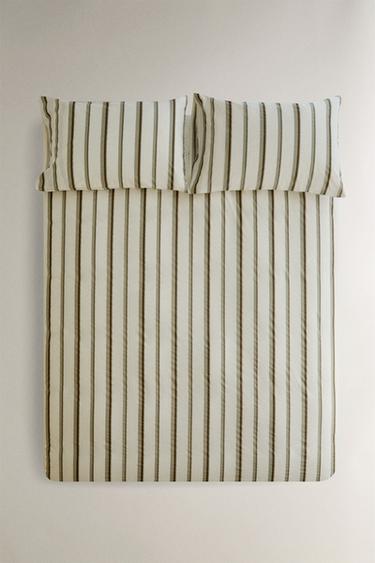 STRIPED PERCALE DUVET COVER (300 THREAD COUNT) - Oyster-white by Zara
