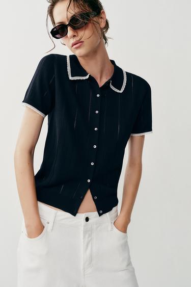 SHORT-SLEEVE LACE-TRIM POLO CARDIGAN - Navy blue by Zara