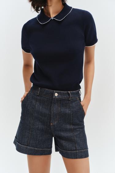 SHORT SLEEVE KNIT JUMPER WITH TRIMS - Navy blue by Zara