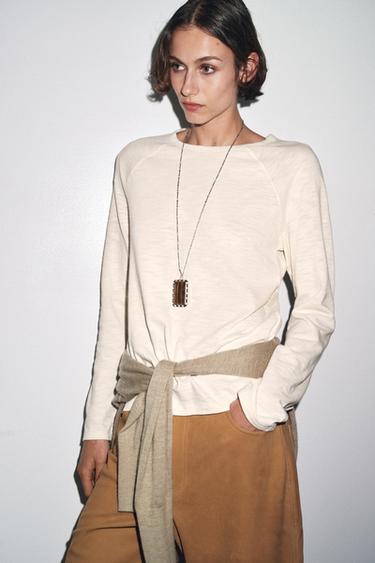 COTTON RAGLAN SLEEVE T-SHIRT - Sand / Marl by Zara