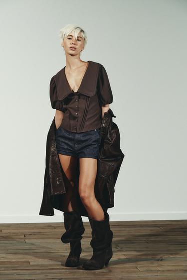 PUFF SLEEVE PETER PAN COLLAR TOP - Brown by Zara