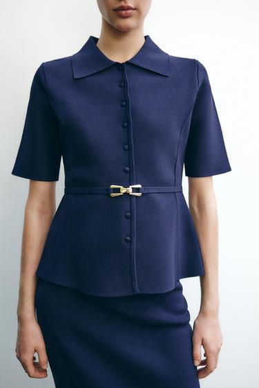 PLAIN KNIT BELTED JACKET - Ink blue by Zara