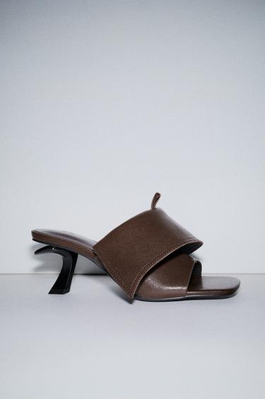 LEATHER KITTEN-HEEL SANDALS - Brown by Zara