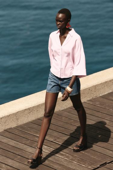 LINEN BLEND WIDE SLEEVE SHIRT - Pink by Zara