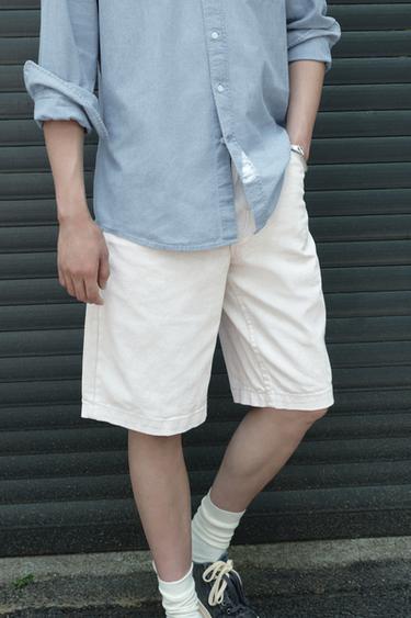 WAXED-EFFECT BAGGY FIT DENIM BERMUDA SHORTS - White by Zara