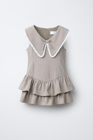 CHECK DRESS WITH RUFFLES AND LACE TRIM - White / Grey by Zara