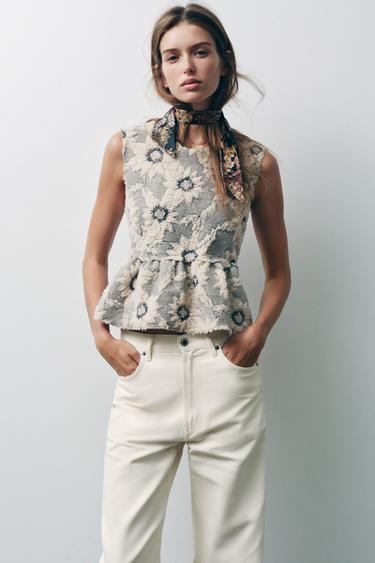 FLORAL TEXTURED PEPLUM TOP - Ecru / Black by Zara