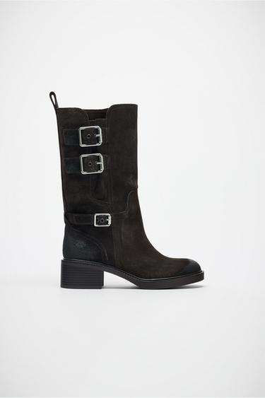 BUCKLED SPLIT SUEDE ANKLE BOOTS - Brown by Zara