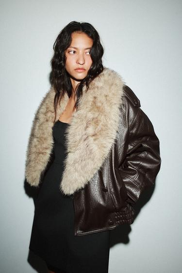 FAUX LEATHER JACKET WITH DETACHABLE COLLAR - Dark brown by Zara
