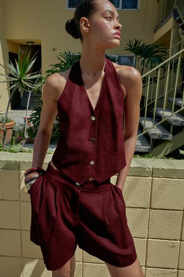 LINEN BLEND BERMUDA SHORTS WITH DARTS - Burgundy by Zara