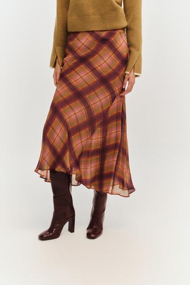 ZW COLLECTION CHECK LONG SKIRT - Burgundy by Zara