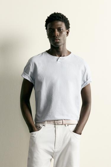 HEMP AND COTTON HENLEY SHIRT - Light sky blue by Zara