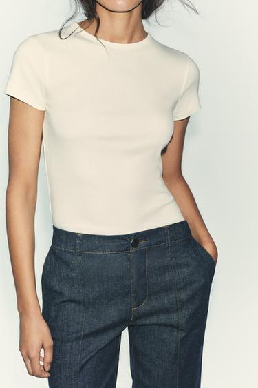 RIB SHORT SLEEVE T-SHIRT - Ecru by Zara