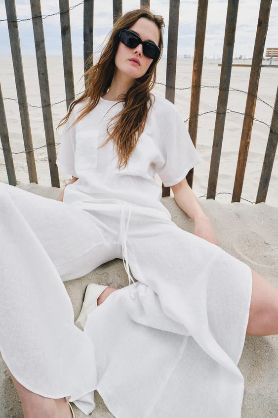 ZW COLLECTION 100% LINEN TOP WITH DRAWSTRINGS - White by Zara - Image 0