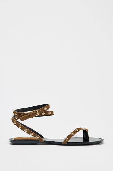 LEATHER STUDDED STRAPPY SANDALS - Brown by Zara - Image 0