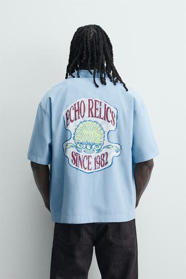 RELAXED FIT LYOCELL-COTTON PRINTED SHIRT - Light blue by Zara