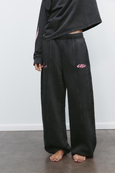 WASHED EFFECT PLUSH TROUSERS WITH SLOGAN - Anthracite grey by Zara