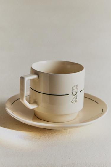 STONEWARE TEACUP AND SAUCER - White / Green by Zara
