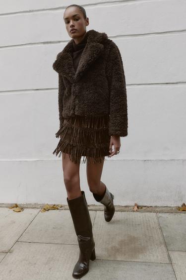 SHIMMERING FAUX SUEDE FRINGED SKIRT - Brown by Zara