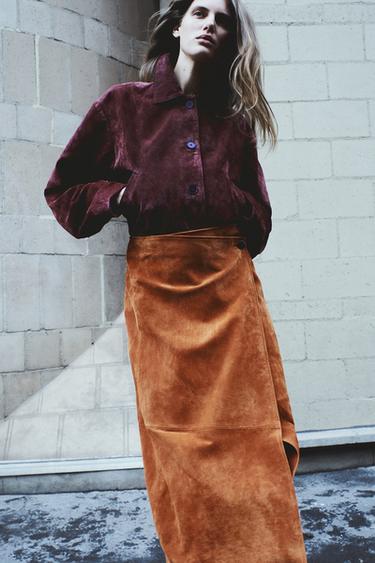 100% SUEDE LEATHER WRAP MIDI SKIRT - Orange by Zara
